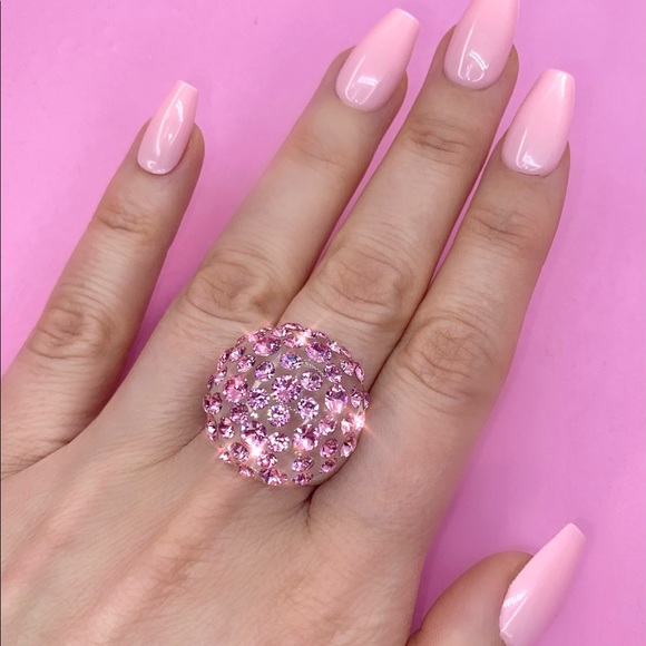 Pink Swarovski Crystal Acrylic Dome Ring, Lucite Clear Statement Ring - Picture 6 of 13